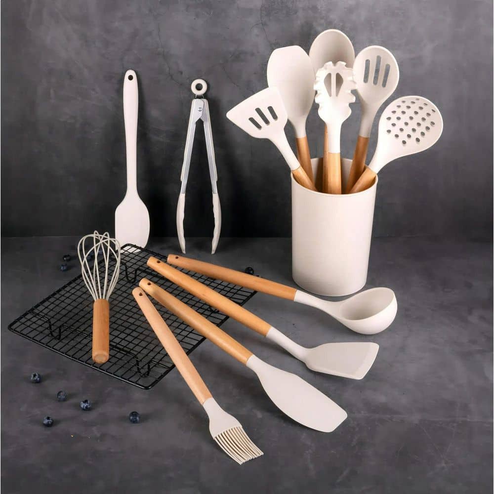 14-Piece Kitchen Cooking Tools Utensil Set with Caddy, Wooden Handle, Nonstick Silicone and Heat-Resistant, Beige - Hercitys