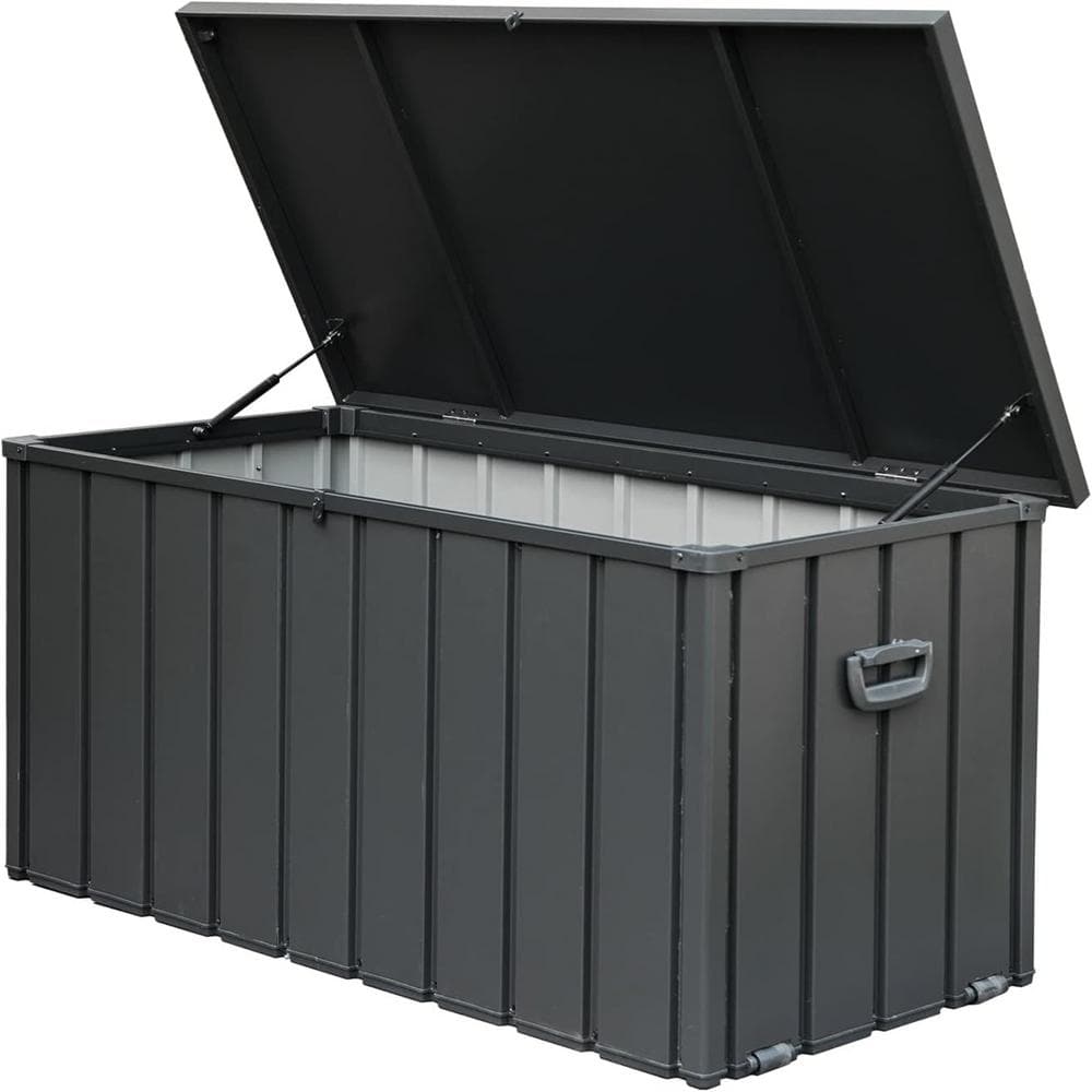 120 Gal. Dark Gray Outdoor Storage Steel Deck Box Waterproof, Large Patio Storage Bin for Garden Tools, Lockable - Hercitys