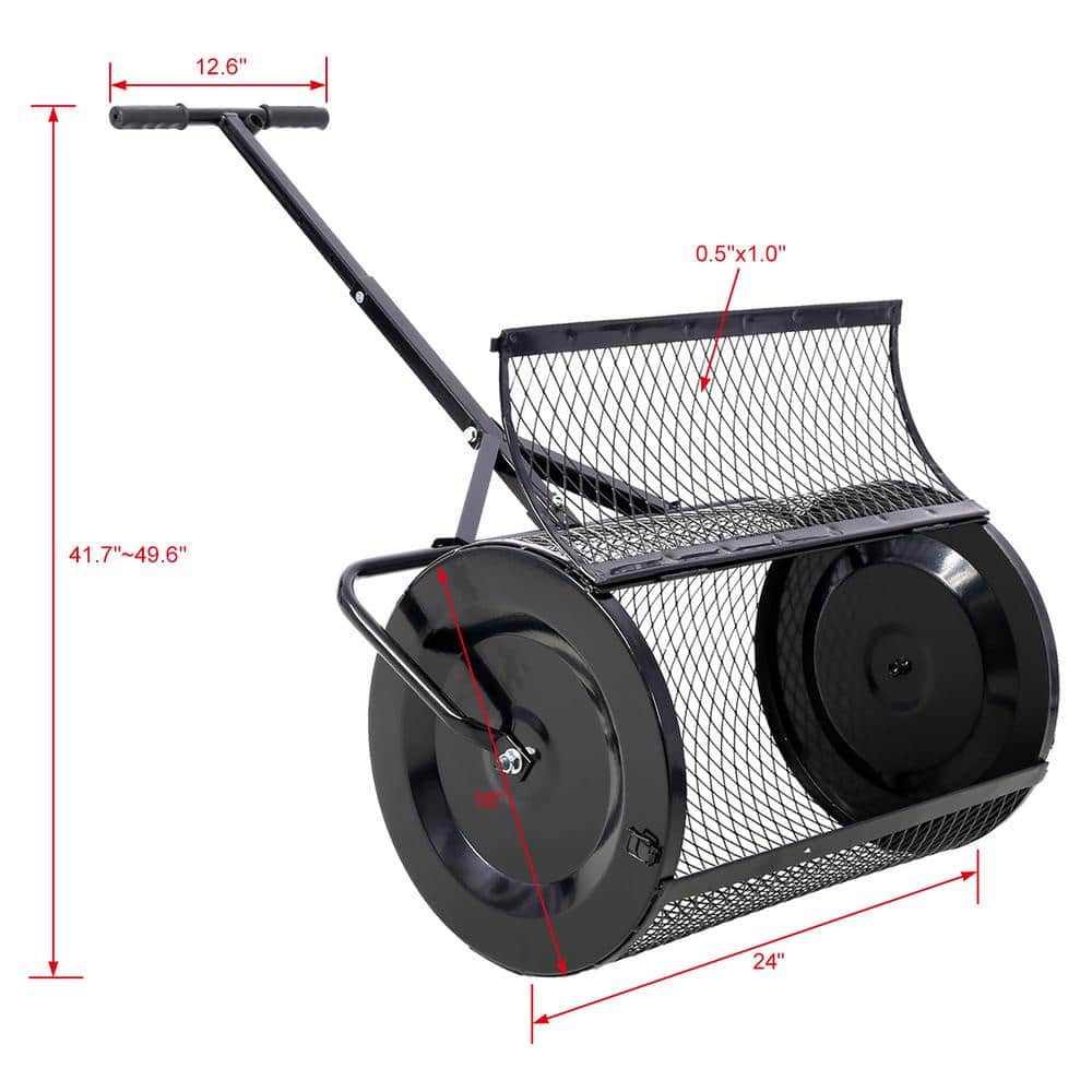 24 in. Heavy Duty Roller Spreader, Metal Mesh Peat Moss Compost Spreader, T shaped Handle for Planting Seeding - Hercitys