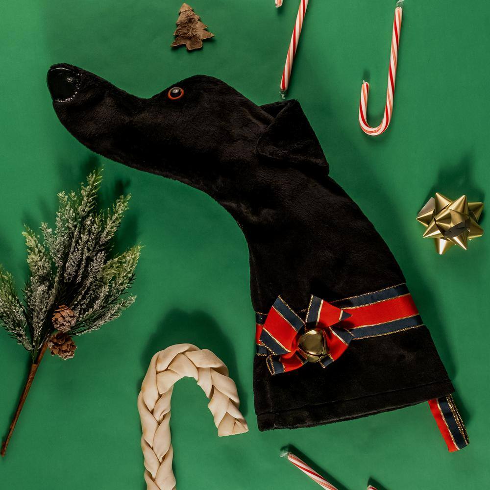 22 in. Black Greyhound Dog Faux Fur Christmas Stocking - Hercitys