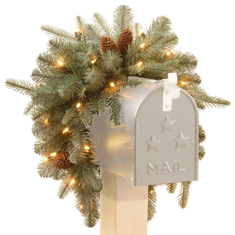 36 in. Frosted Arctic Spruce Artificial Christmas Swag for Mailbox with Battery Operated Warm White LED Lights - Hercitys