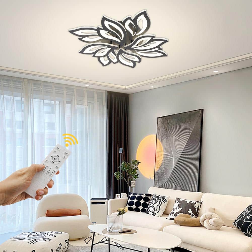 27.5 in. 1-Light Black and White Modern Selectable LED Flower-Shaped 8 Head Semi-Flush Mount Ceiling Light with Remote - Hercitys