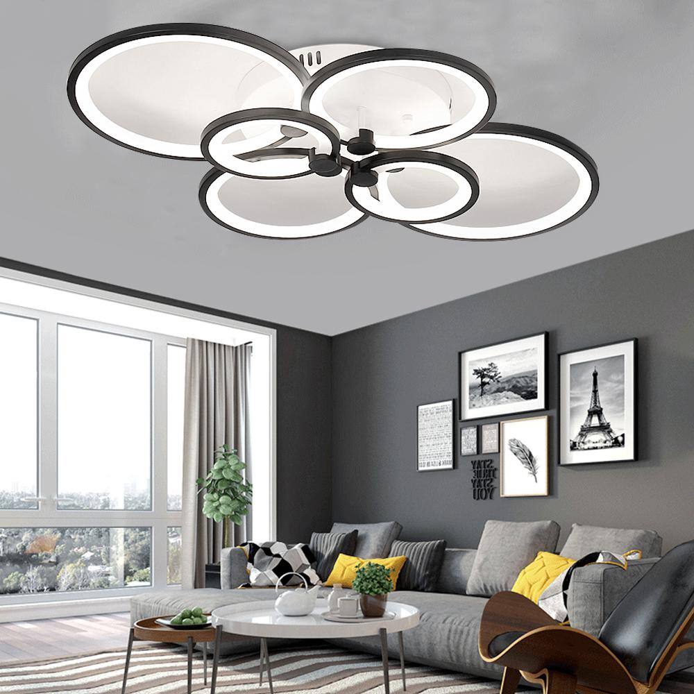 32.7 in. 6 Head Black Modern Acrylic Selectable LED Semi-Flush Mount Ceiling Light with Remote Control - Hercitys