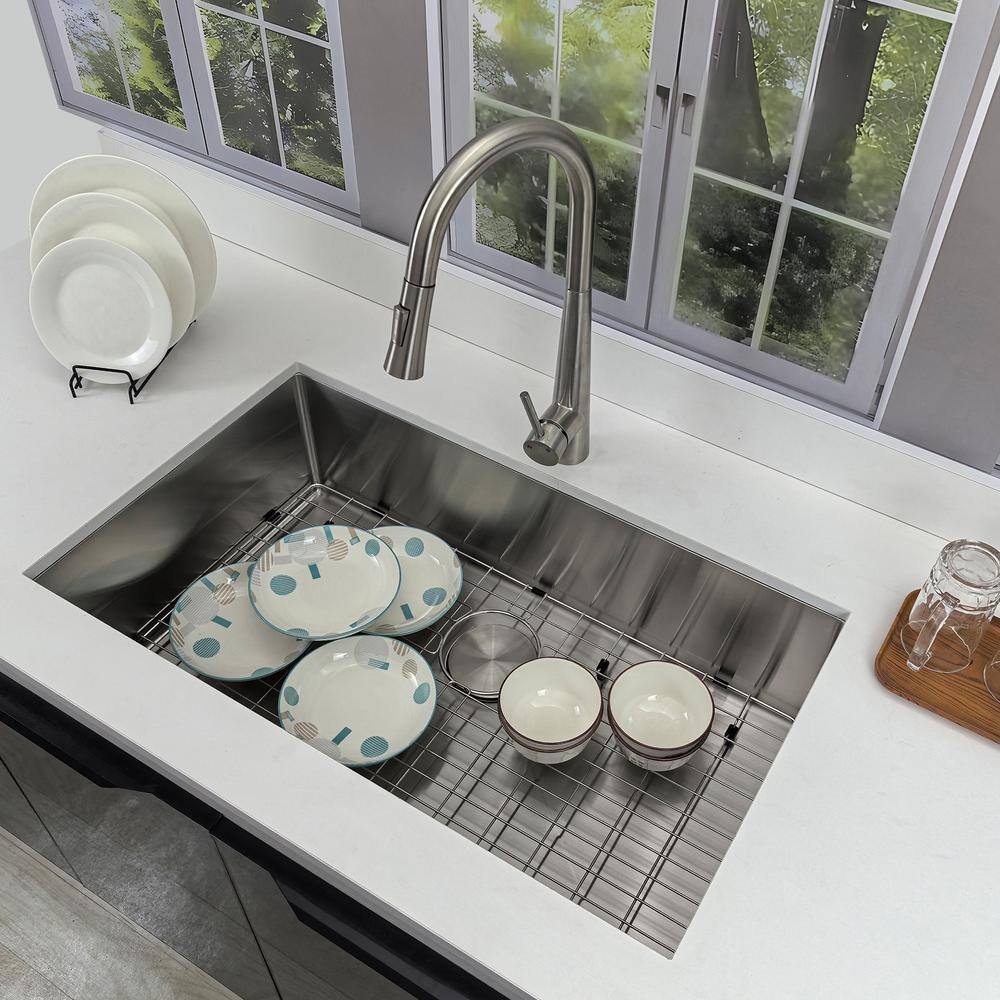 32 in. Undermount Kitchen Sink-16 Gauge Stainless Steel Single Bowl, Modern Design with Grid, Strainer and Drying Rack - Hercitys