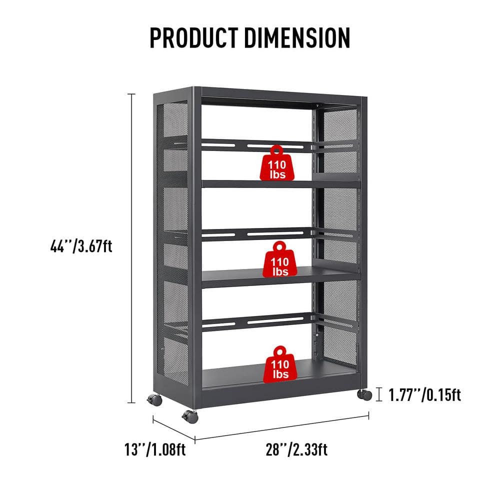 3-Tiers Metal Adjustable Garage Storage Shelving Unit with Wheels in Black (28 in. W x 44 in. H x 13 in. D) - Hercitys