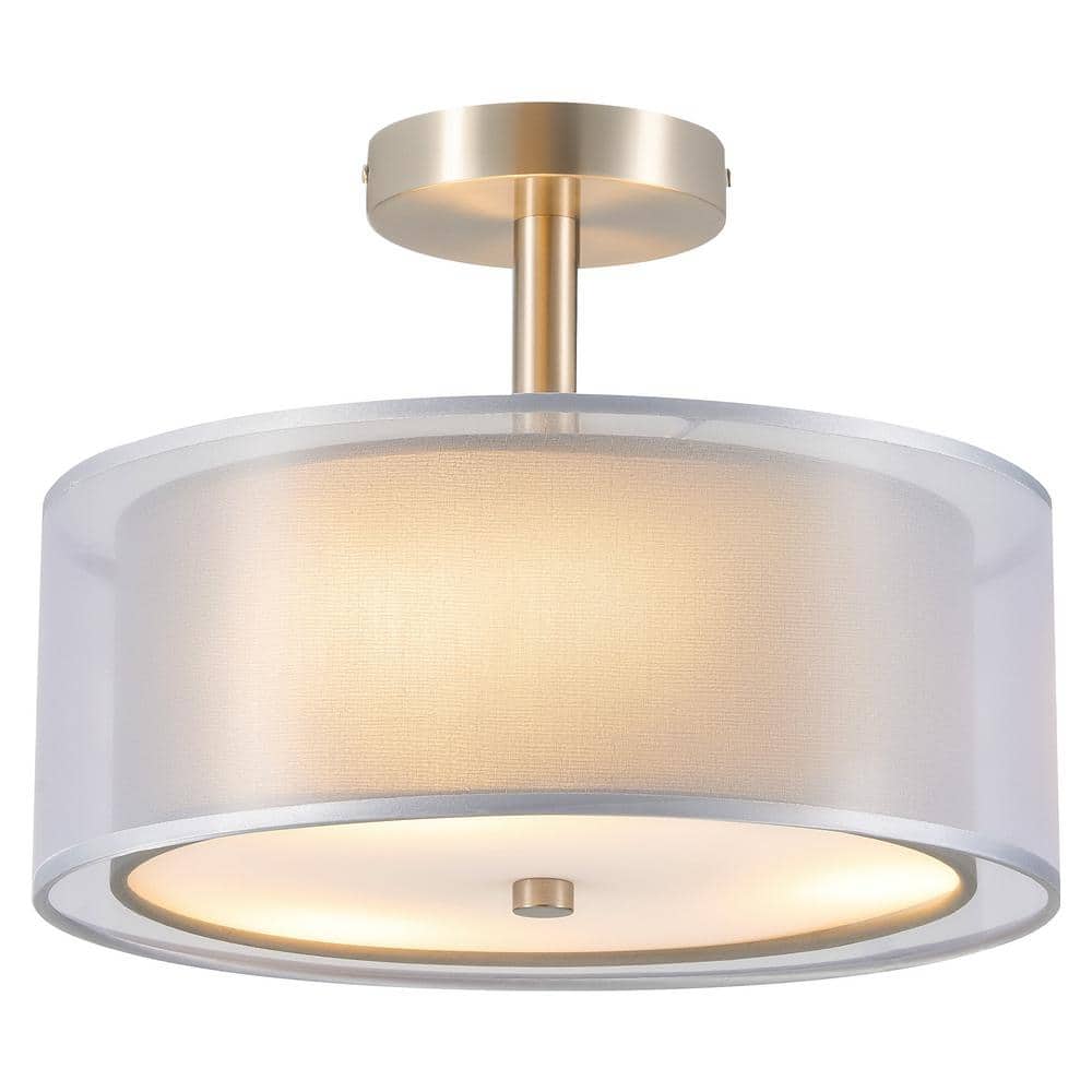 13 in. 3-Light Gray Semi-Flush Mount Ceiling Light Fixture Drum Light Fixture with 2-Layer Fabric Shade - Hercitys
