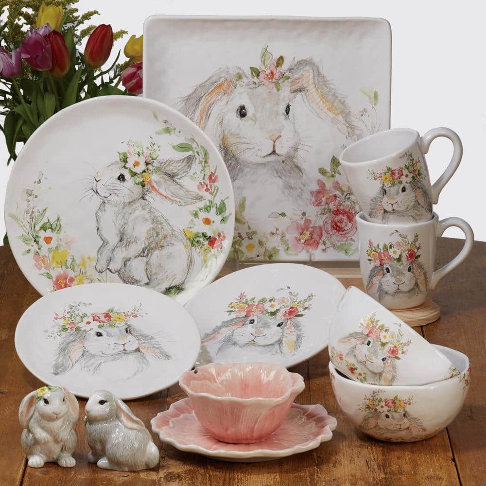 12.5 in. Assorted Colors Sweet Bunny Multicolored Earthenware Square Platter - Hercitys