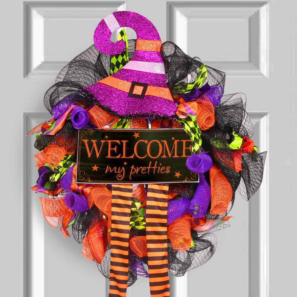 20 in. W x 4.5 in. D Halloween Wreaths Decoration Sign Hat Leg Front Door Hanging Fall Pumpkin Wreath - Hercitys