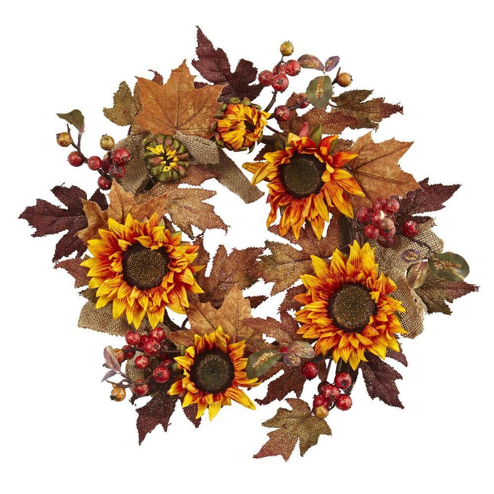 24in. Artificial Sunflower and Berry Wreath - Hercitys