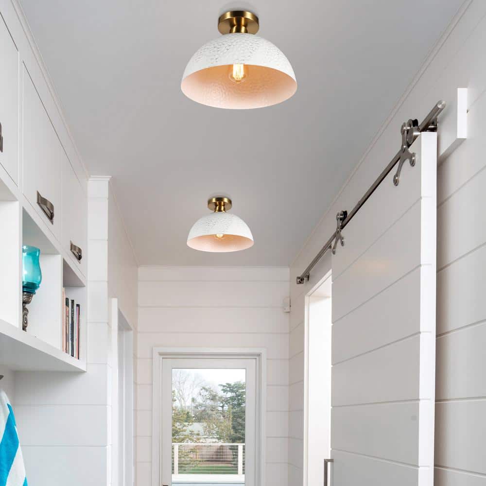 11.75 in. 1-Light Gold Farmhouse Semi-Flush Mount Ceiling Light With White Metal Shade - Hercitys