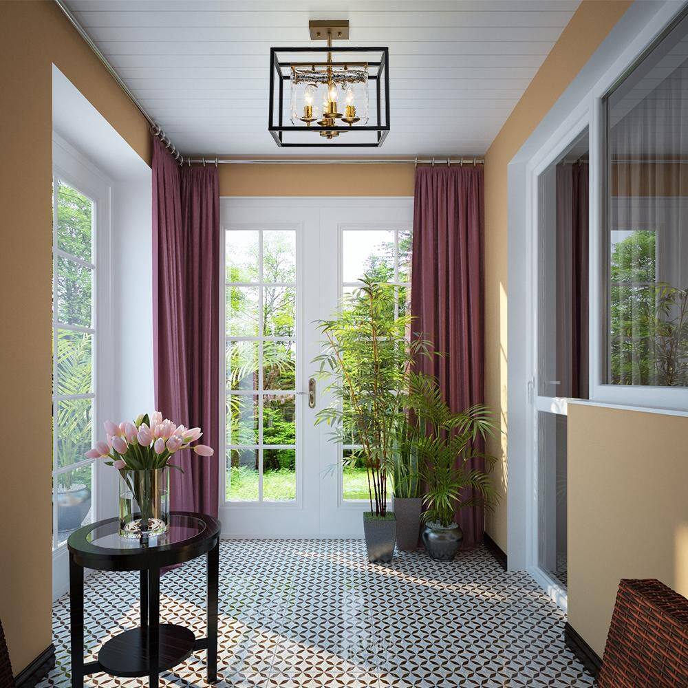 13.98 in. 4-Light Matte Black Industrial Semi-Flush Mount Ceiling Light Fixture With Hazy Textured Glass Shade - Hercitys