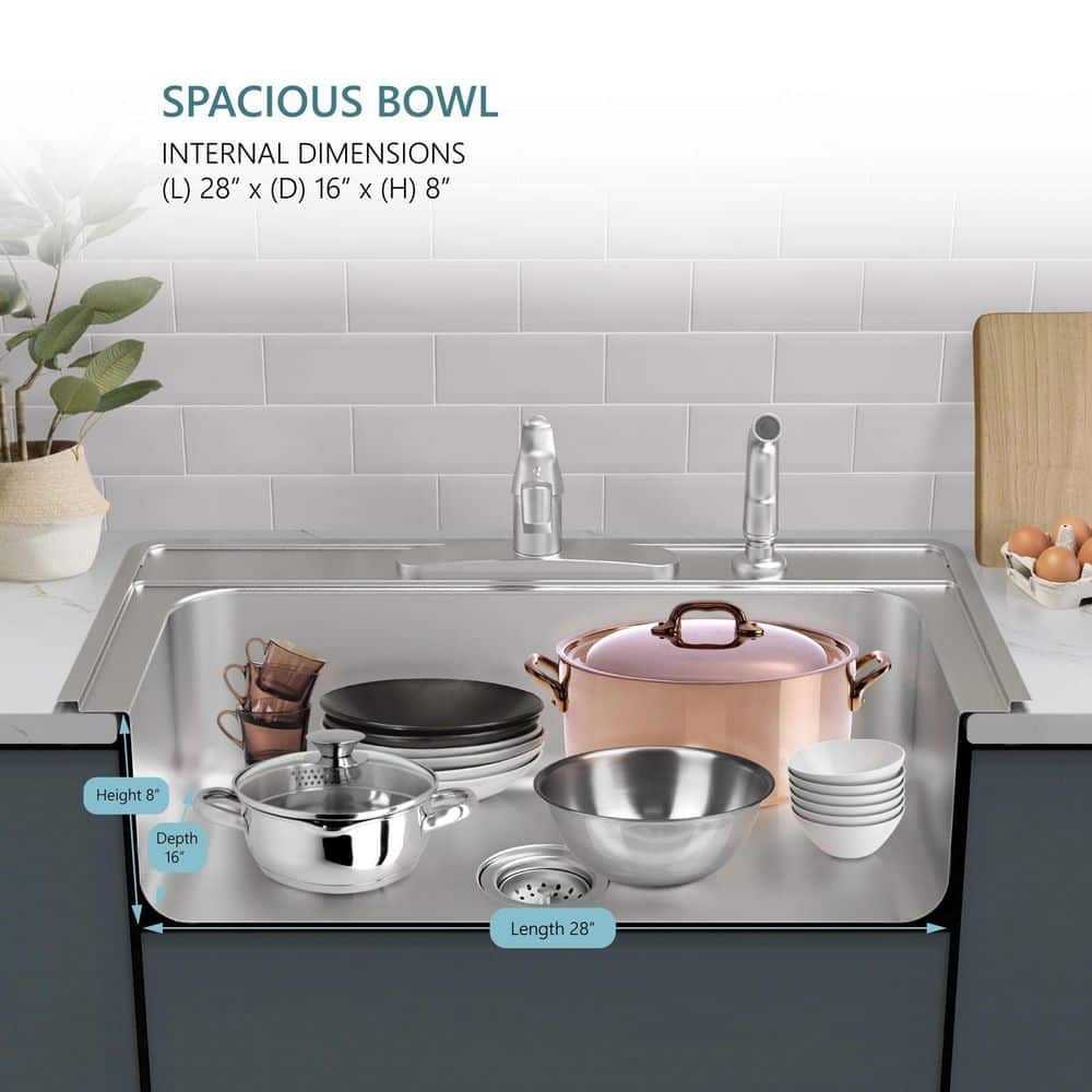 33 in. Drop-In Single Bowl 20-Gauge Stainless Steel Kitchen Sink with Bottom Grid - Hercitys