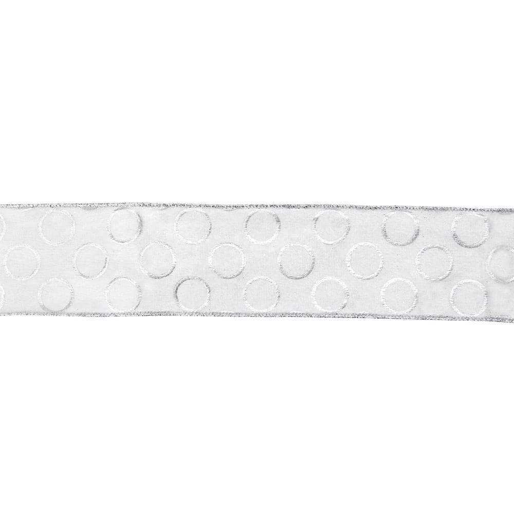 2.5 in. x 16 yds. Snowy White and Metallic Silver Circle Wired Craft Ribbon - Hercitys