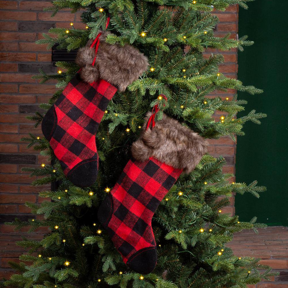 2-Pack 21 in. H Fur Black/Red Buffalo Plaid Stocking - Hercitys