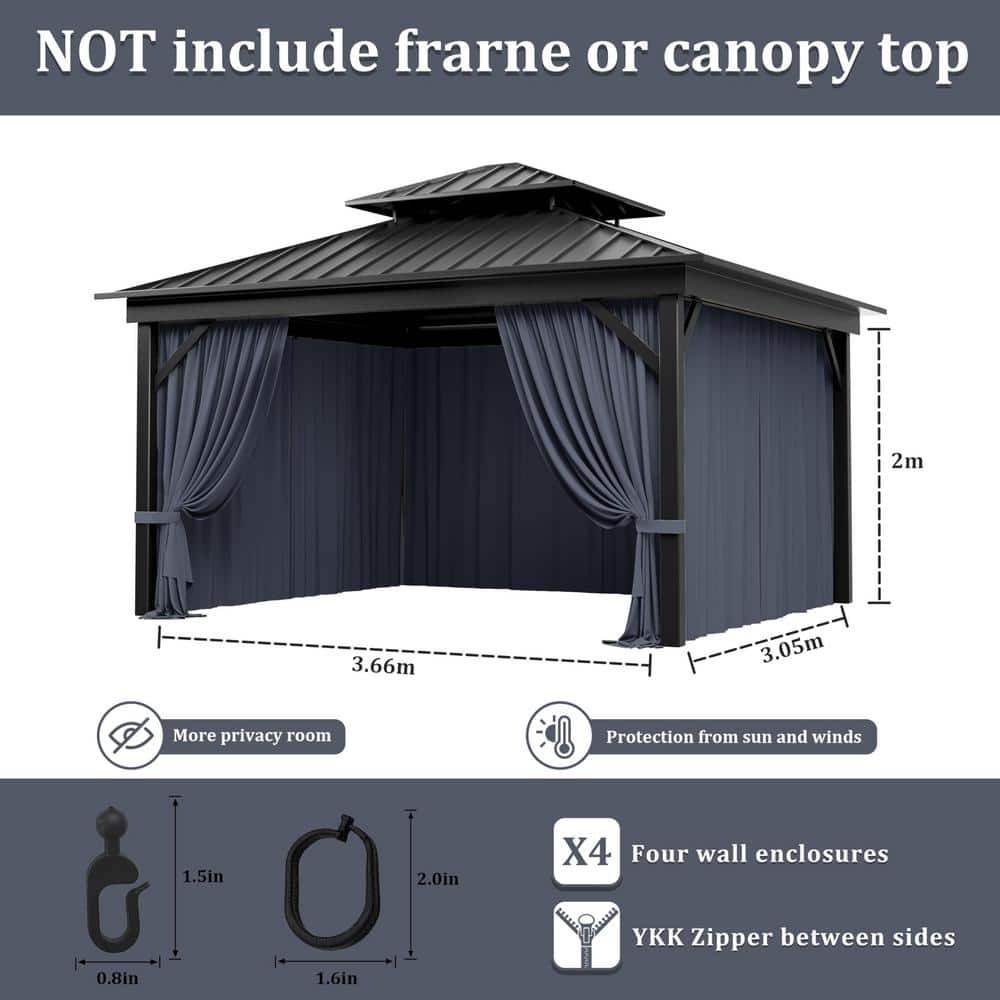 10 ft. x 12 ft. Universal Outdoor Privacy Curtains, Gazebo Curtain Replacement with Zipper Navy (4-Side Curtain Only) - Hercitys