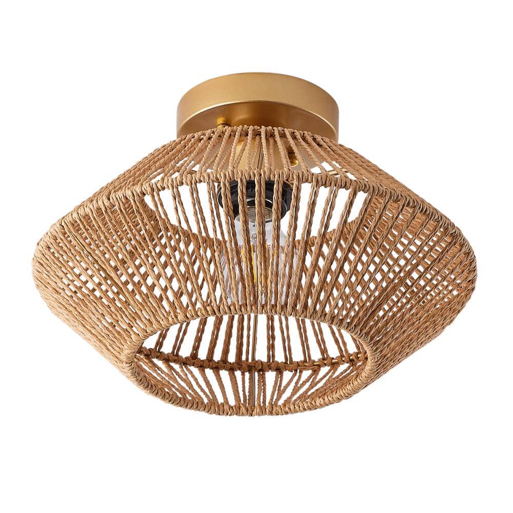 12.6 in. 1-Light Woven Rattan Semi-Flush Mount Hand-Worked Cage Shade Natural Ceiling Light Fixtures - Hercitys