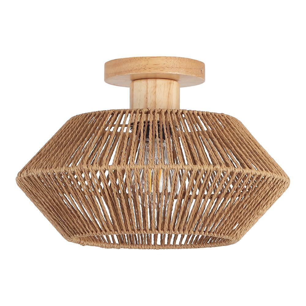 12.6 in. 1-Light Rustic Brown Wooden Semi-Flush Mount Light with Imitation Hemp Rope Shade and No Bulbs Included - Hercitys
