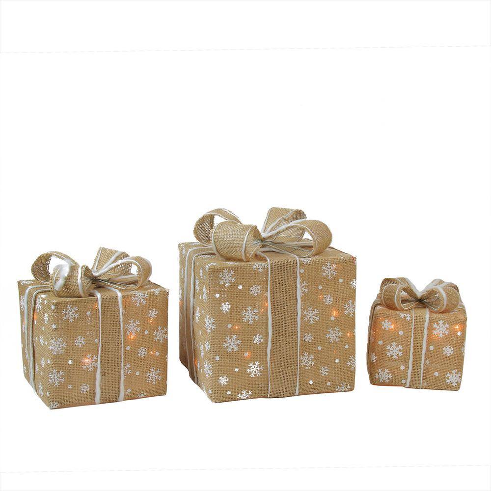 11.75 in. Christmas Outdoor Decorations Lighted Natural Snowflake Burlap Gift Boxes (3-Pack) - Hercitys