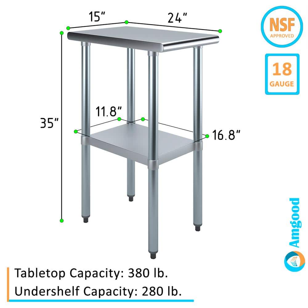 24 in. x 15 in. Stainless Steel Kitchen Utility Table with Adjustable Bottom Shelf - Hercitys
