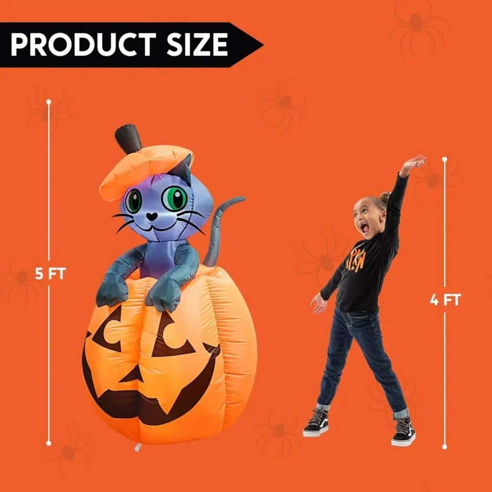 5 ft. Multi-Color Halloween Inflatable Kitty Cat On Pumpkin Made of Polyester - Hercitys