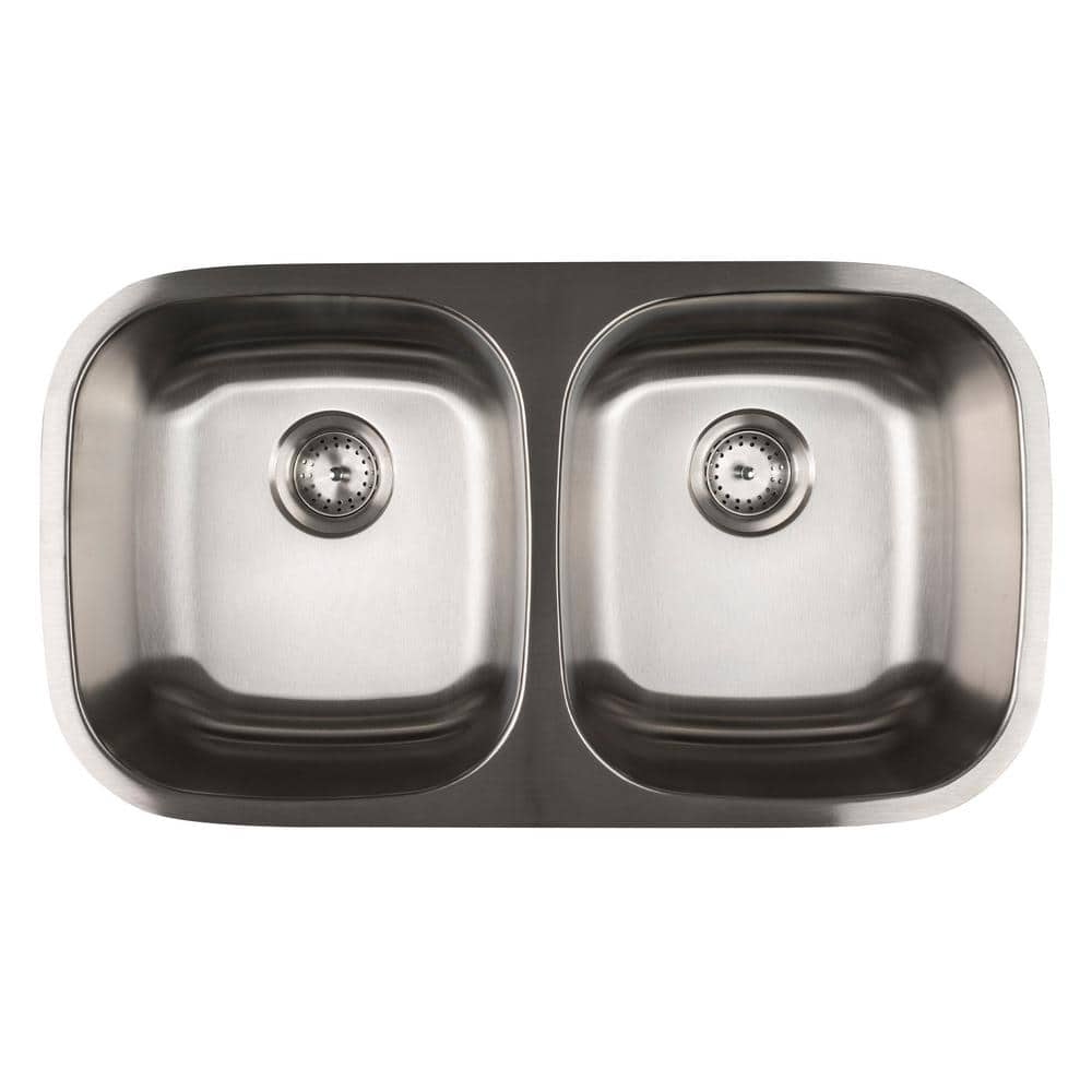 32 in. Undermount 50/50 Double Bowl Handcrafted 18 Gauge Satin Stainless Steel Kitchen Sink with Strainer - Hercitys