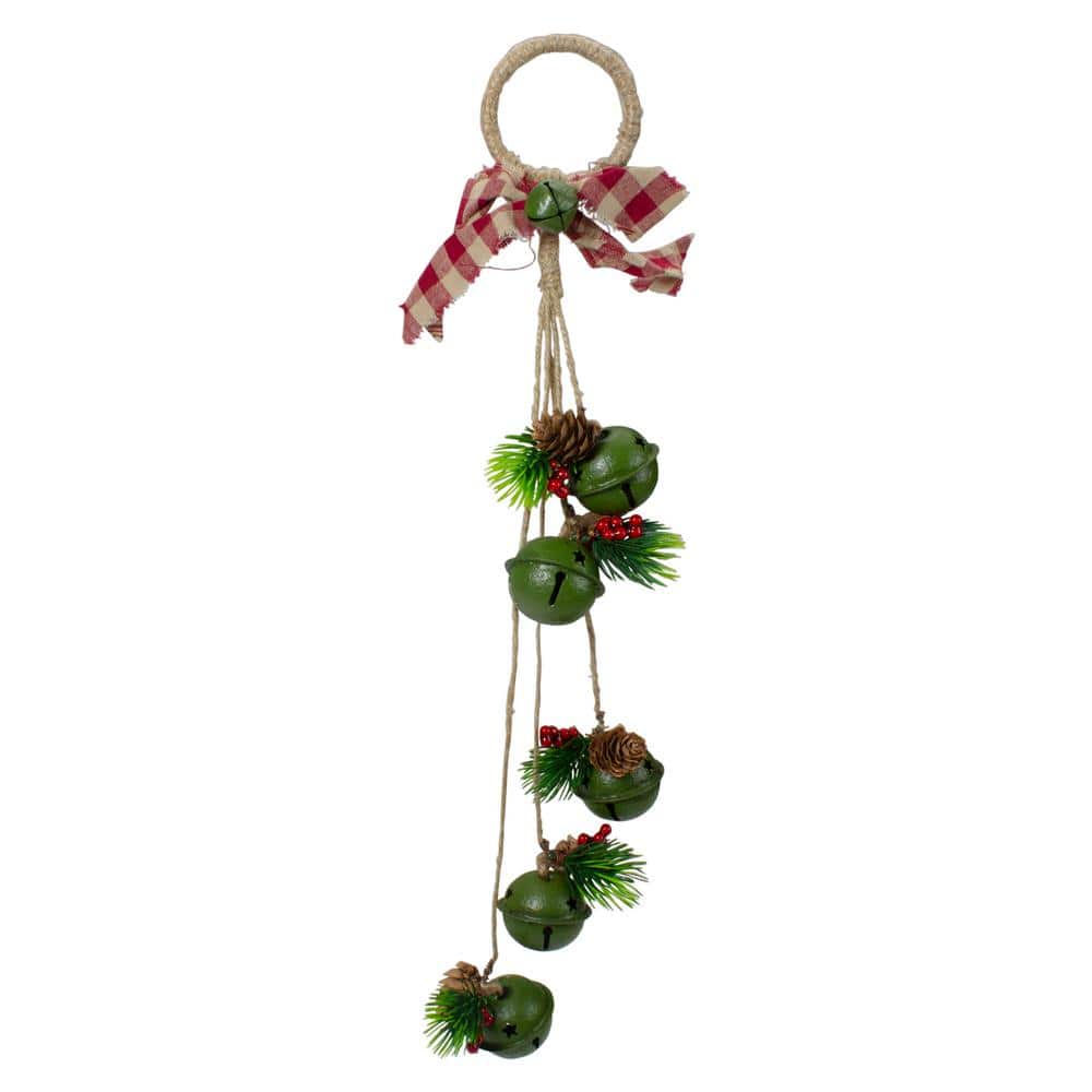 15 in. Pine and Green Jingle Bell Christmas Door Hanger with Plaid Bow - Hercitys