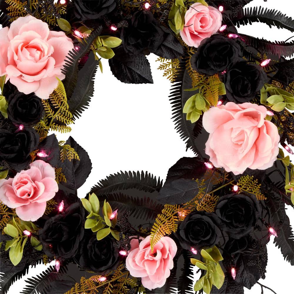 24 in. Cute and Creepy Halloween Wreath with 40 Pink LED Lights - Hercitys
