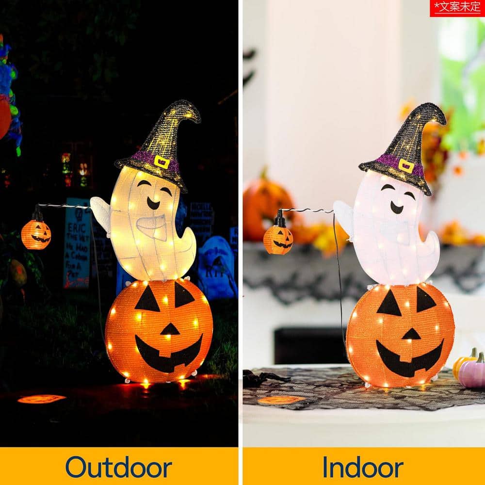 2.5 ft. Height LED Lighted Halloween Collapsible Metal Ghost on Pumpkin with Projection Effect - Hercitys