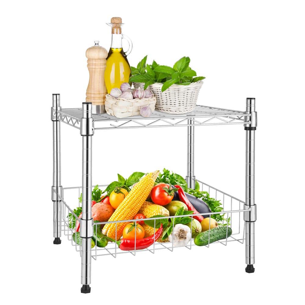 1 Tier Metal Stackable Household Shelving Unit in Chrome with Basket (13.8 in. W x 14.6 in. H x 15 in. D) - Hercitys