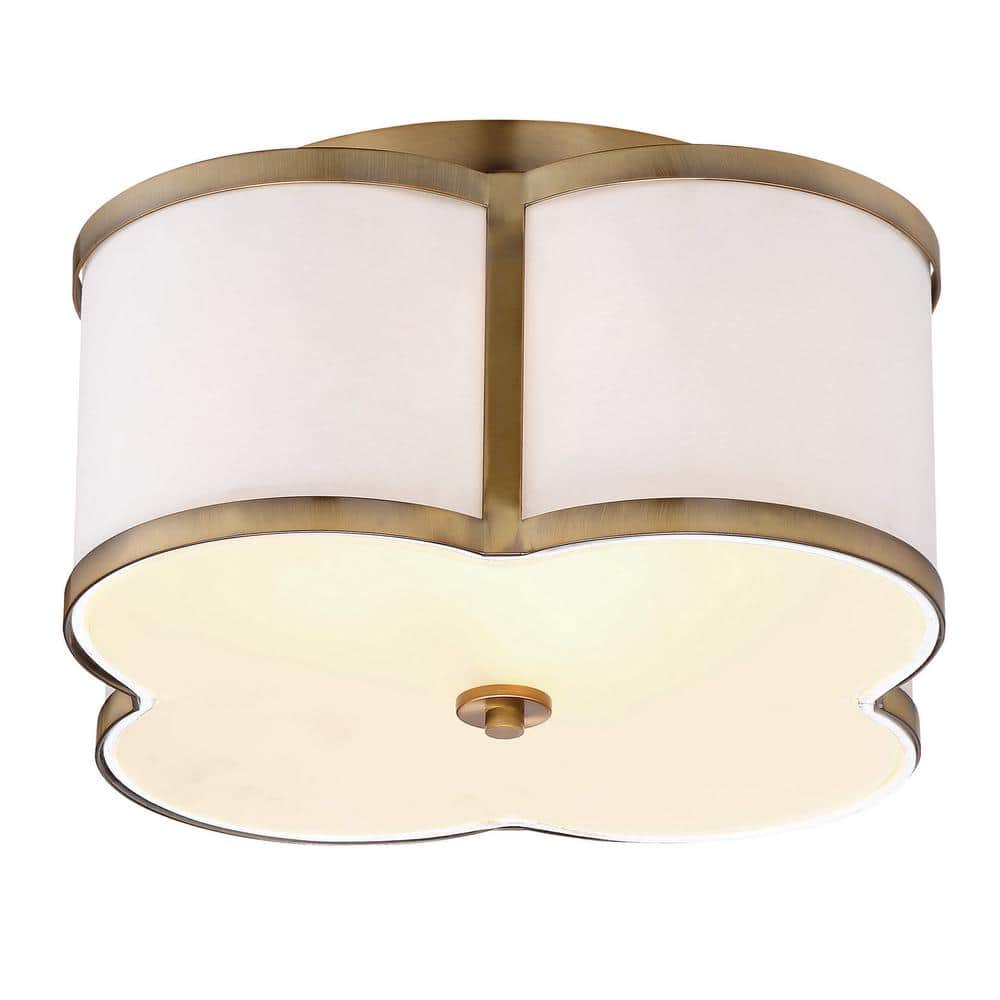 16 in. W x 8 in. H 3-Light Natural Brass Semi-Flush Mount Ceiling Light with White Fabric Shade - Hercitys