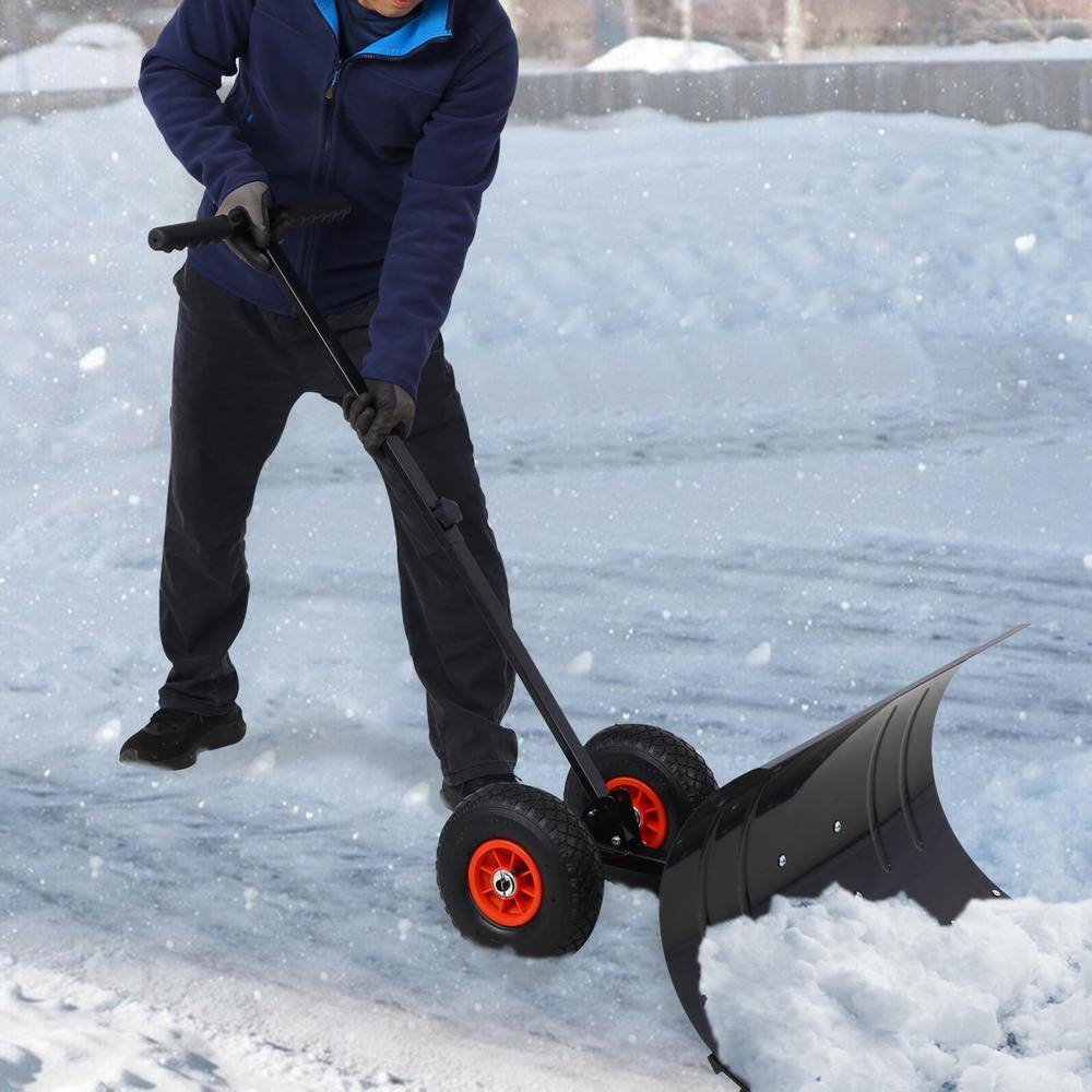 29 in. Adjustable Angle Rubber Handle Steel Blade Snow Shovel with Wheels, Snow Pusher, Snow Removal Tool, Black - Hercitys