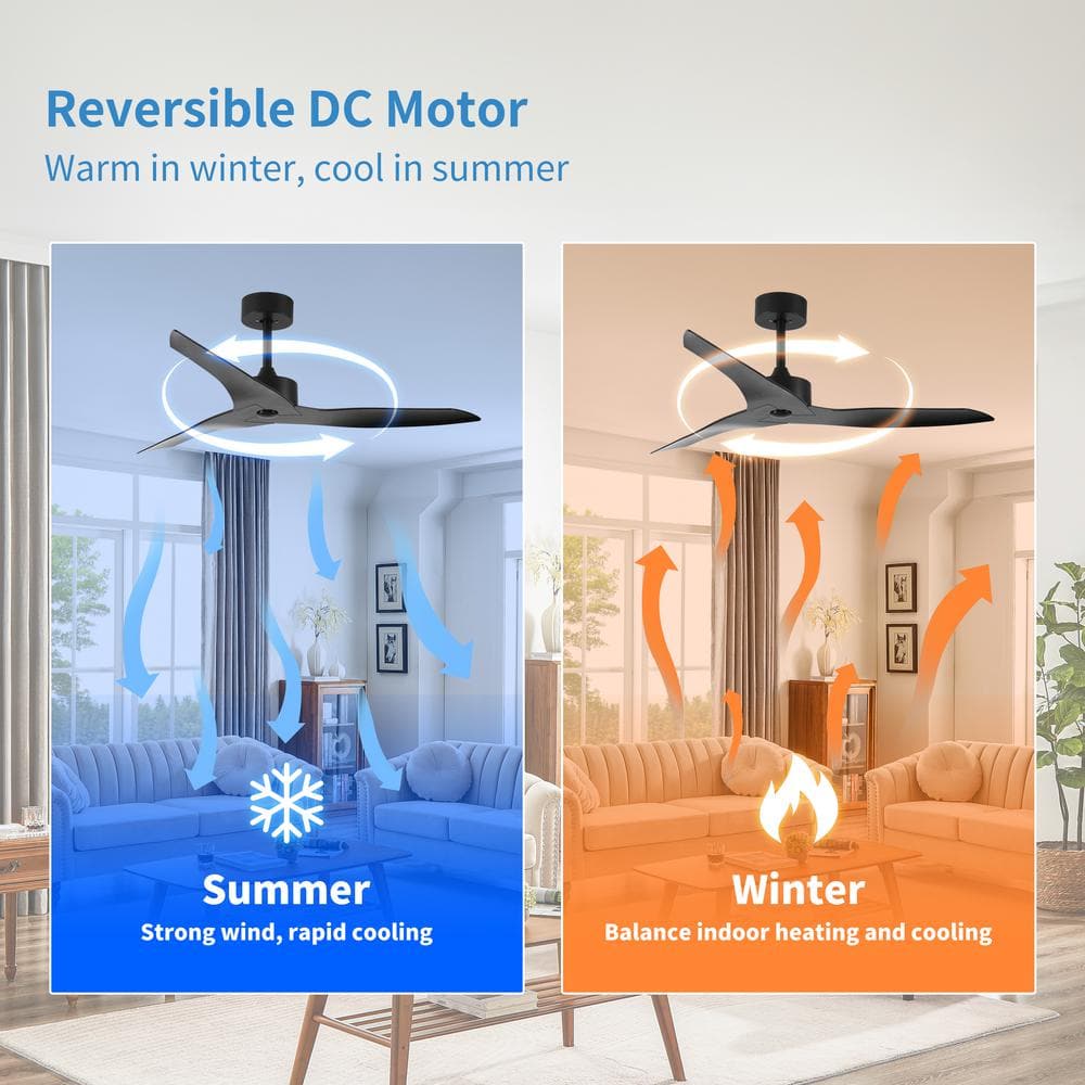 52 in. Indoor/Outdoor Black Modern Ceiling Fan with Remote Control, 3 Black ABS Blades and DC Motor, no Light - Hercitys