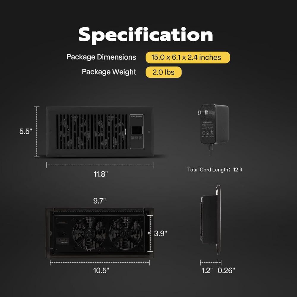 120 CFM Wall Mounted Quiet Smart Register Booster Fan with Thermostat Control in Black - Hercitys