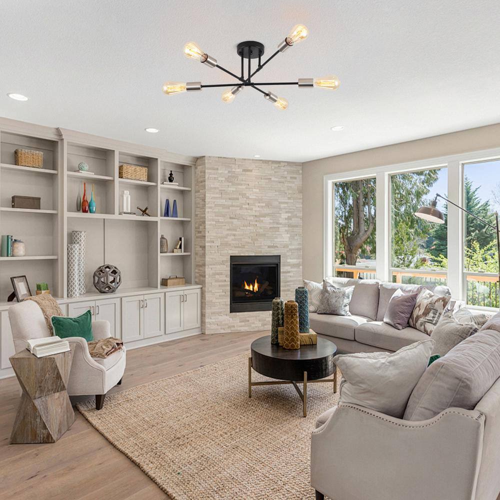 20.66 in. 6-Light Black and Nickel Sputnik Modern Semi-Flush Mount Ceiling Light - Hercitys