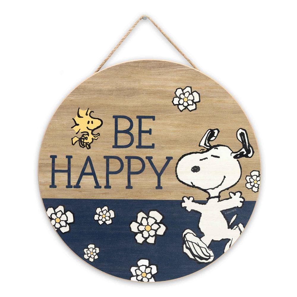 11 in. Tan Snoopy and Woodstock Be Happy Floral Round Colorblocked Hanging Wood Wall Decor - Hercitys