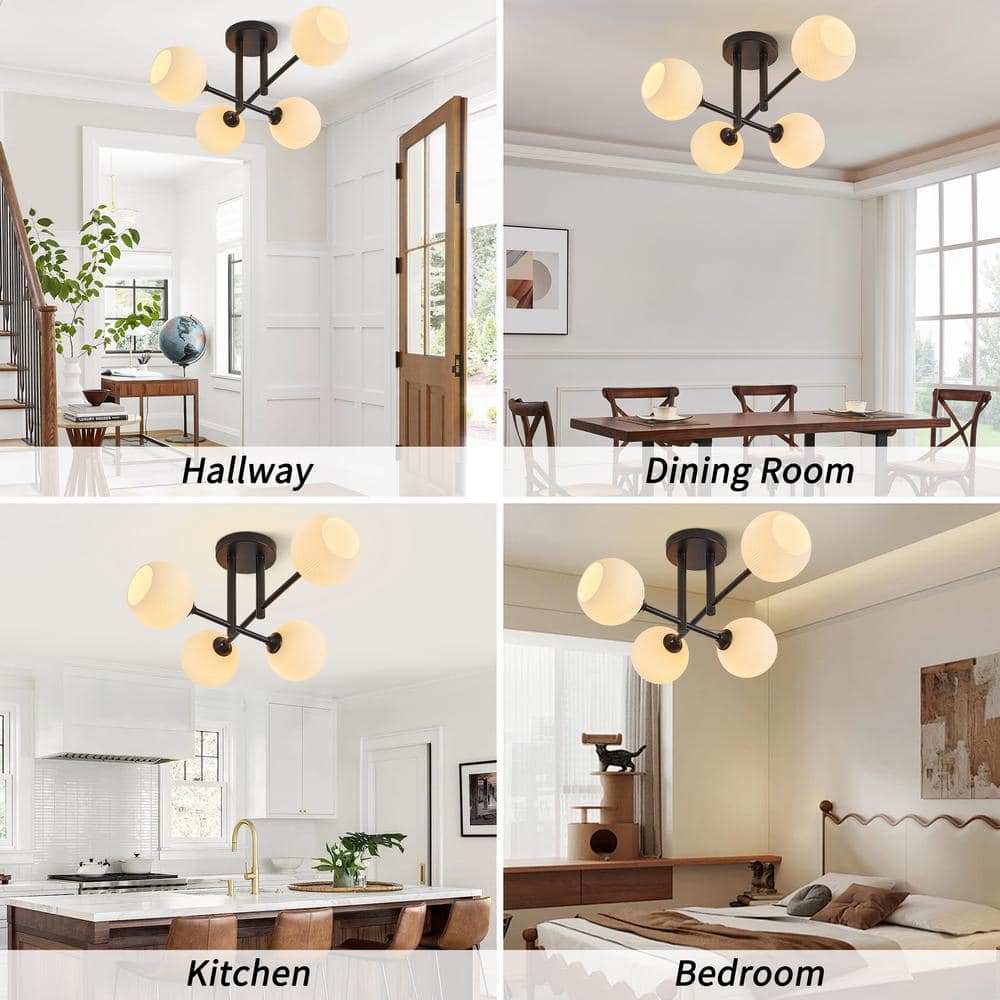 23 in. 4-Light Black Semi-Flush Mount with Frosted Opal White Ribbed Glass Shade - Hercitys