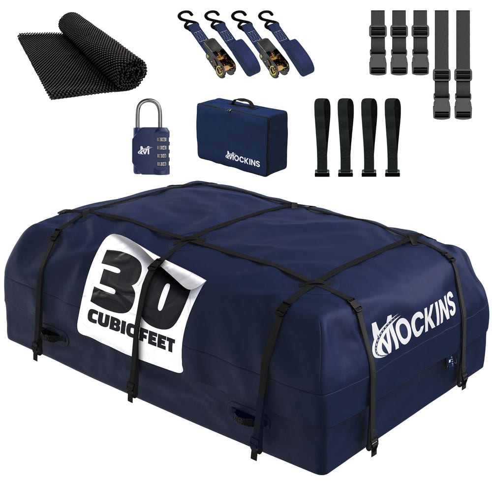 30 Cu Ft. Navy Waterproof Car Roof Cargo Bag (60 in. x 43 in. x 20 in.) with PVC Mat, Straps, Hooks, Lock and Carry Case - Hercitys