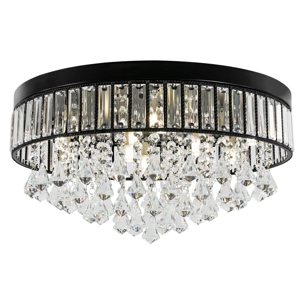 19.68 in. 9-Light Black Modern Round Flush Mount Ceiling Light with Clear Crystal Shade and No Bulbs Included - Hercitys