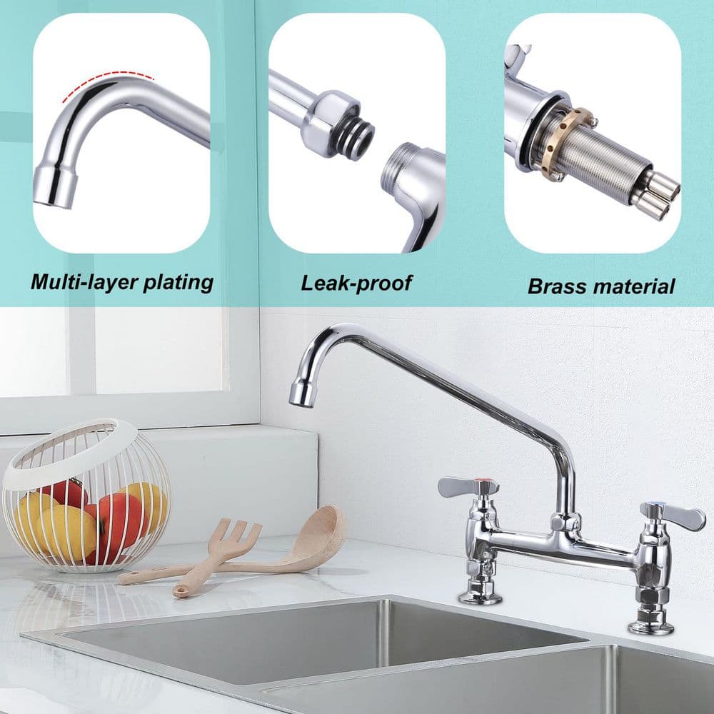 14 in. Double Handle Deck Mount Standard Kitchen Faucet in Chrome - Hercitys