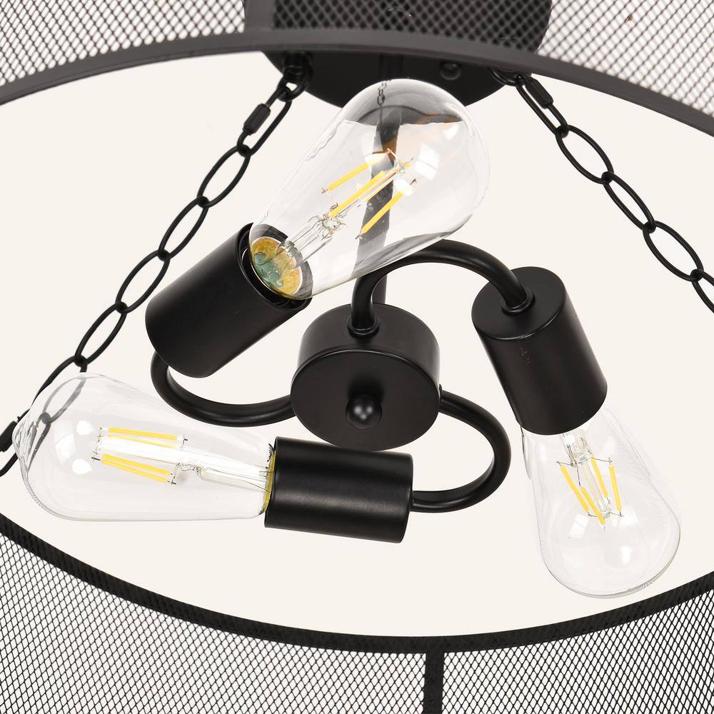 19.7 in. 3-Light Matte Black Drum Farmhouse Semi-Flush Mount with Metal Mesh Cage Shade - Hercitys