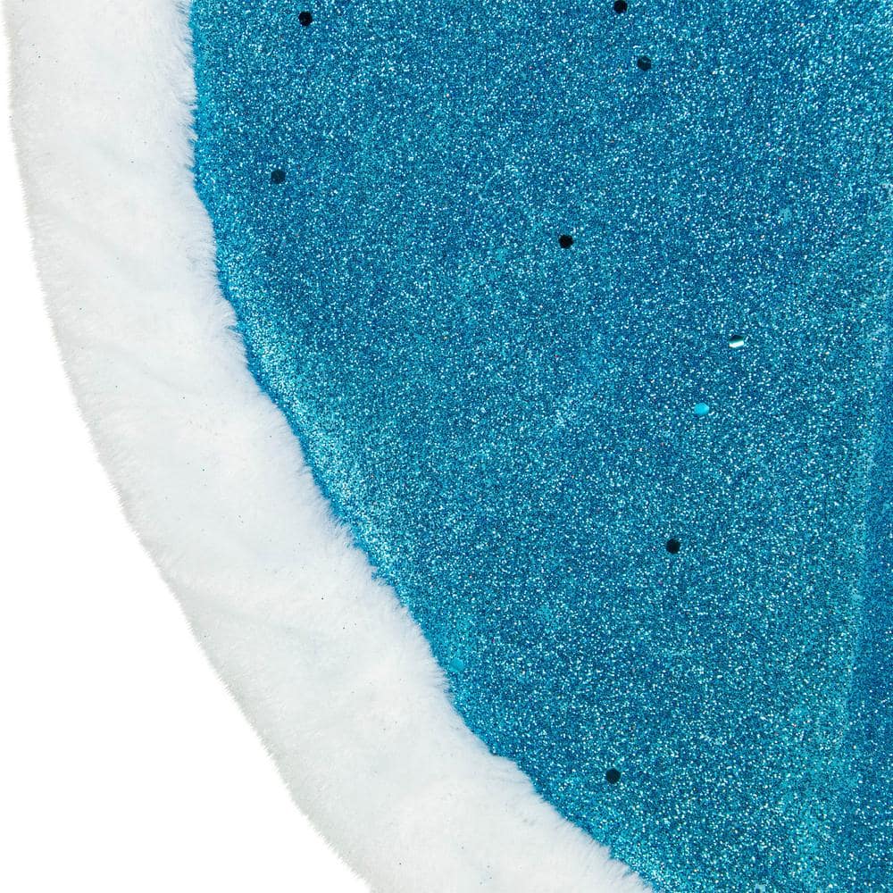 20 in. Blue Glittered Mini Christmas Tree Skirt with Faux Fur Trim - Hercitys