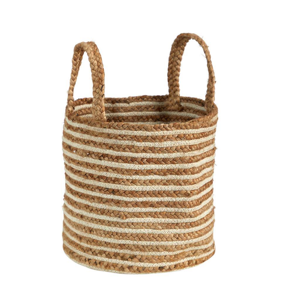 14 in. Beige Jute and Striped Natural Cotton Boho Chic Basket Planter Handwoven with Handles - Hercitys