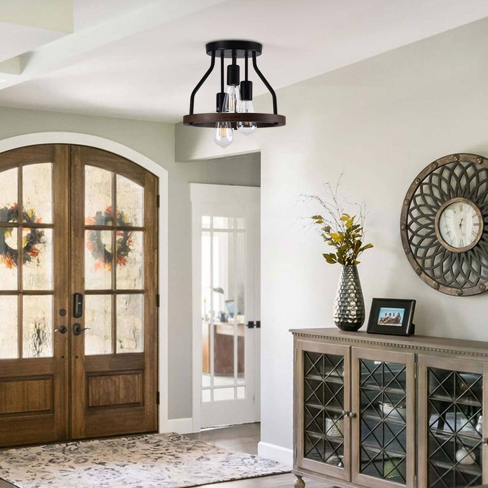 12.6 in. 3-Light Retro Farmhouse Simple Black Semi-Flush Mount Ceiling Light with Wooden Shade - Hercitys