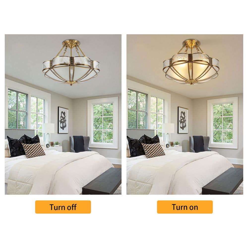 17.71 in. 4-Light Gold Retro Flower-Shaped Semi-Flush Mount Ceiling Light with Glass Shade, No Bulbs Included - Hercitys