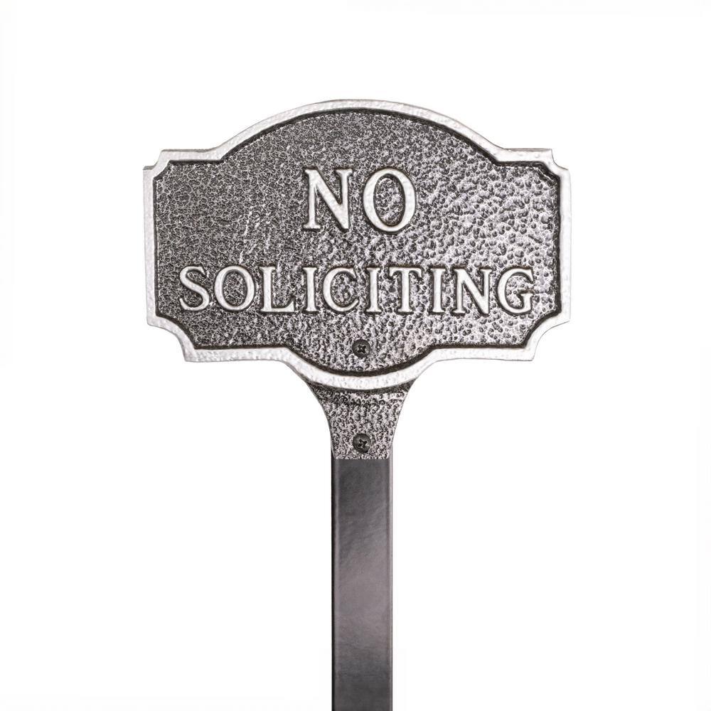 4.5 in. x 7.15 in. Petite Montague No Soliciting Statement Plaque Sign with Lawn Stake – Swedish Iron/Silver - Hercitys