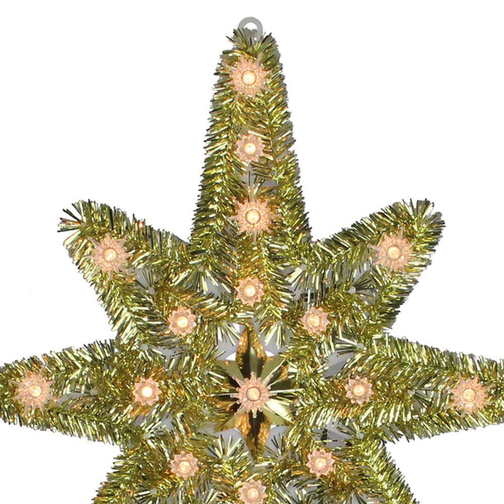 21 in. Gold Tinsel Star of Bethlehem Christmas Tree Topper in Clear Lights - Hercitys