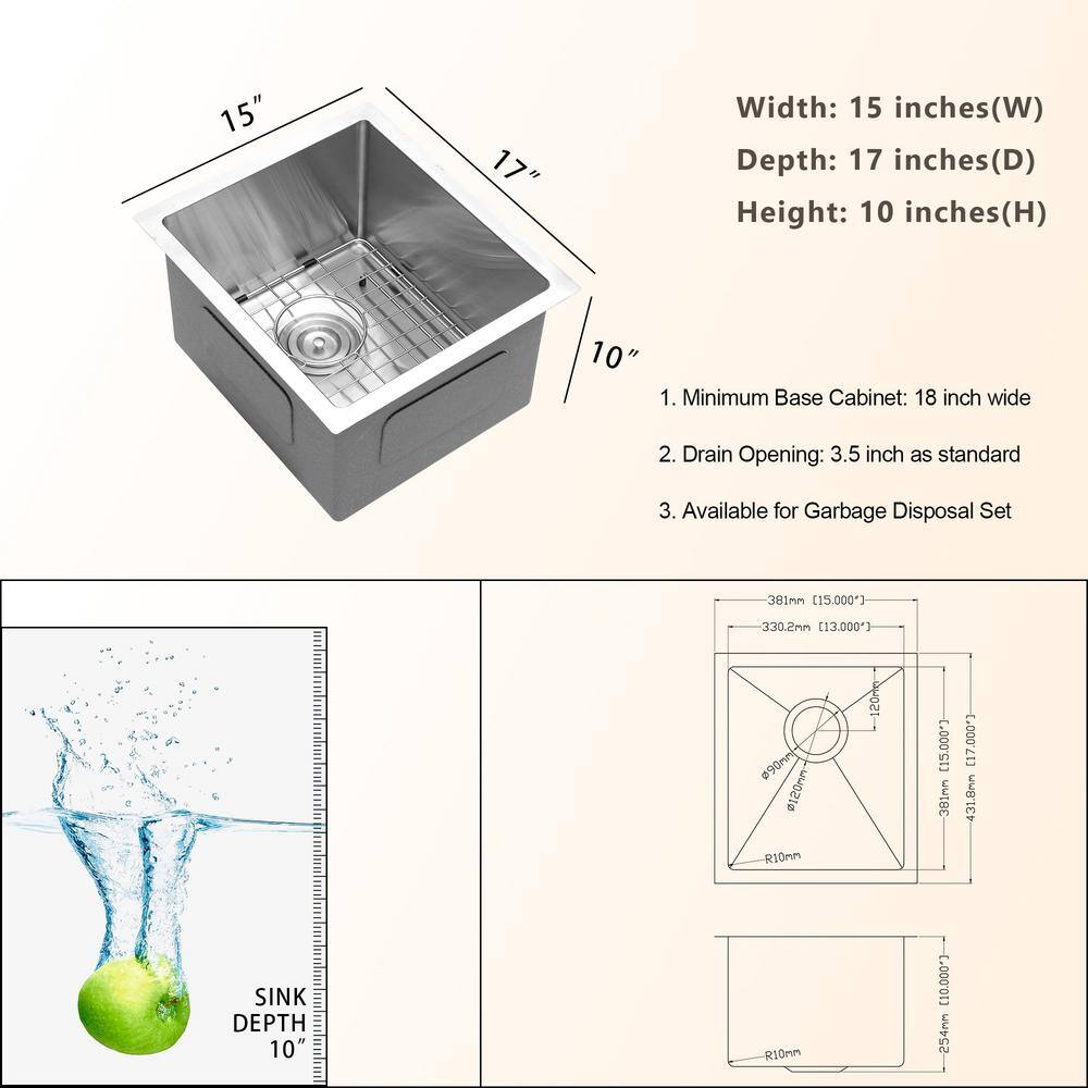 15 in. Single Bowl Round Corner 16 -Gauge Stainless Steel Undermount Bar Sink with Bottom Grid and Strainer - Hercitys
