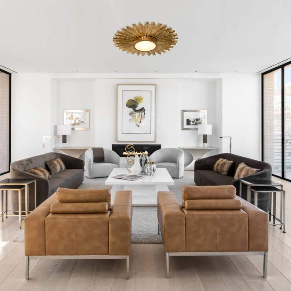 21.65 in. 16-Watt Integrated LED Gilt Wood Sunburst Flush Mount Ceiling Light Fixture - Hercitys