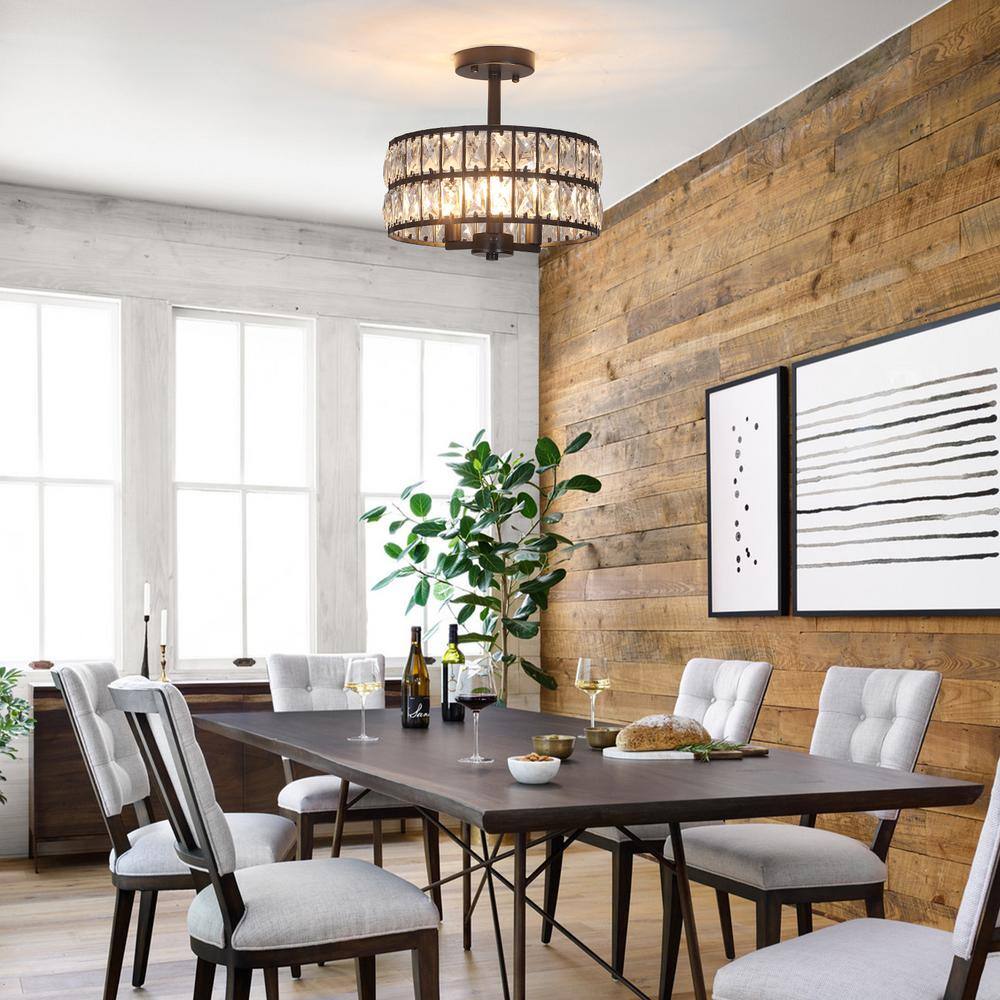 12.59 in. Koyal 3-Light Round Black Drum Chandelier Semi Flush Mount Ceiling Light with Clear Crystal Glass Drum Shade - Hercitys