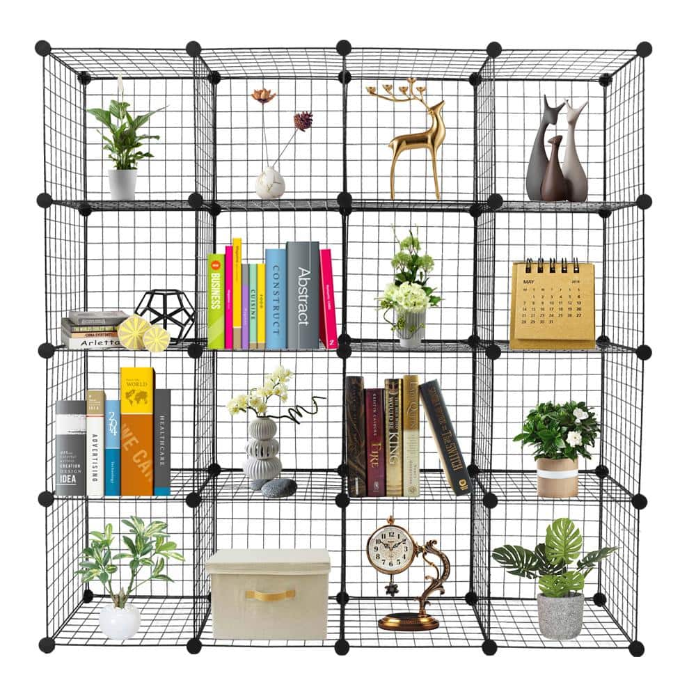 4-Tiers Metal Cube Grid Wire Cube Household Shelving Unit in Black (55.52 in. W x 55.52 in. H x 13.78 in. D) - Hercitys
